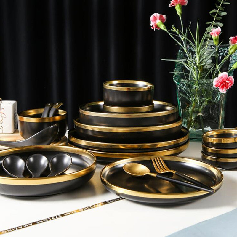 Gilt Rim Black Porcelain Dinner Plates