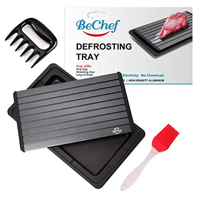 BeChef Defrosting Tray | 16"x10"x6MM Extra Large Thawing Plate | With drip tray, silicone basting brush, shredding claw | No Electricity, No Chemicals, No Microwave | Premium Quality