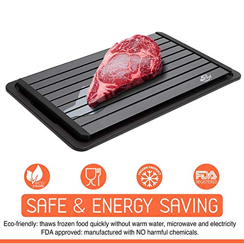 BeChef Defrosting Tray | 16"x10"x6MM Extra Large Thawing Plate | With drip tray, silicone basting brush, shredding claw | No Electricity, No Chemicals, No Microwave | Premium Quality