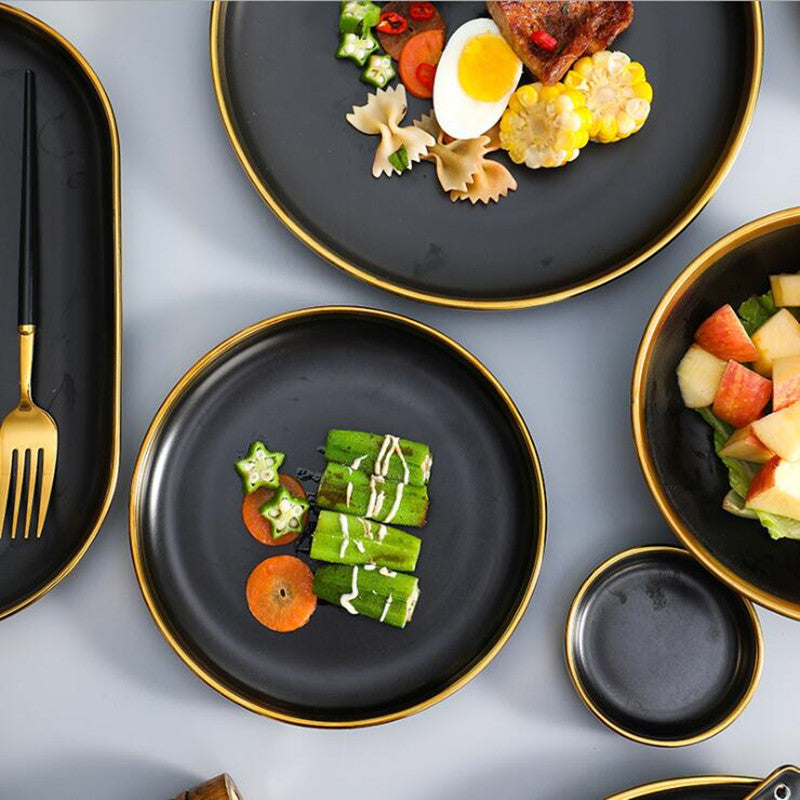 Gilt Rim Black Porcelain Dinner Plate Set - BeChef