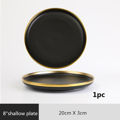 Gilt Rim Black Porcelain Dinner Plate Set - BeChef