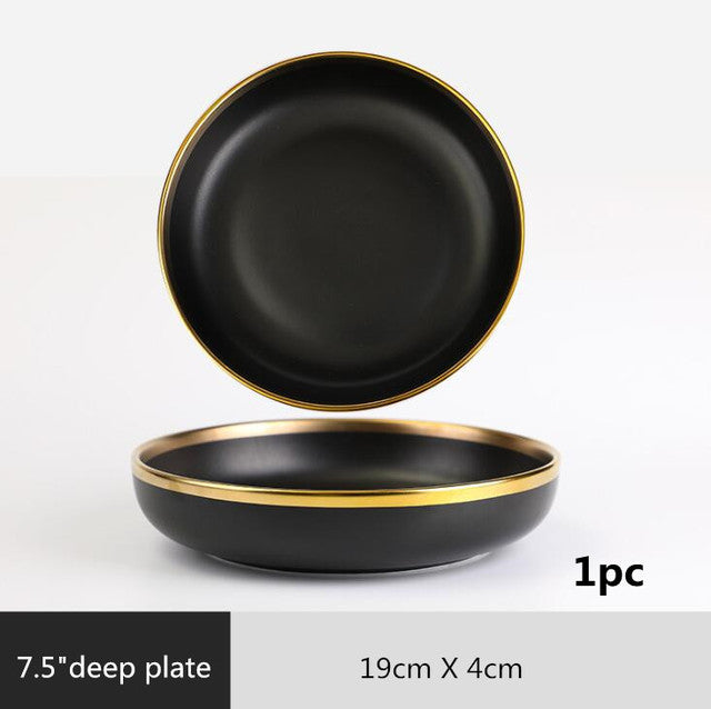 Gilt Rim Black Porcelain Dinner Plate Set - BeChef