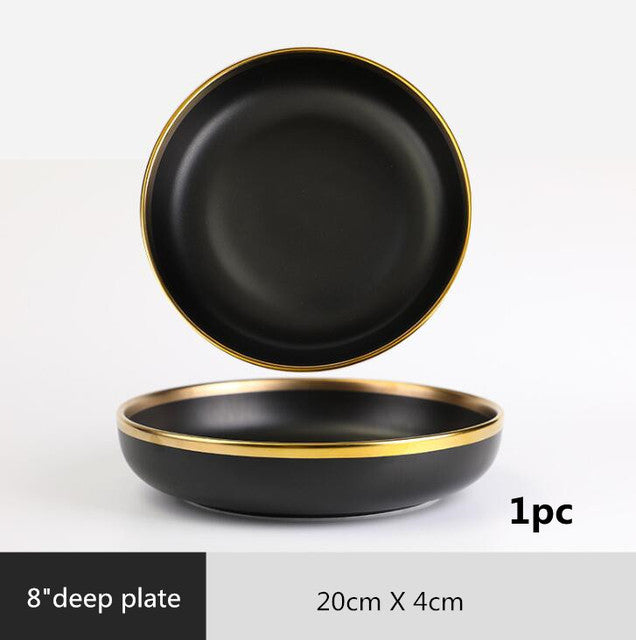 Gilt Rim Black Porcelain Dinner Plate Set - BeChef