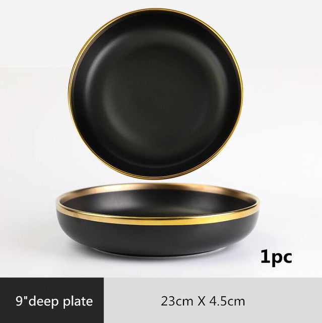 Gilt Rim Black Porcelain Dinner Plate Set - BeChef