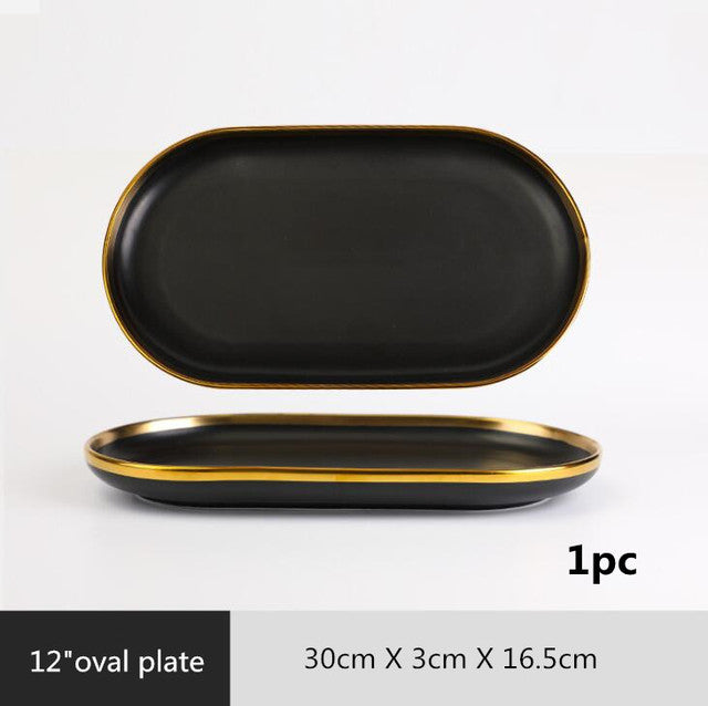 Gilt Rim Black Porcelain Dinner Plate Set - BeChef