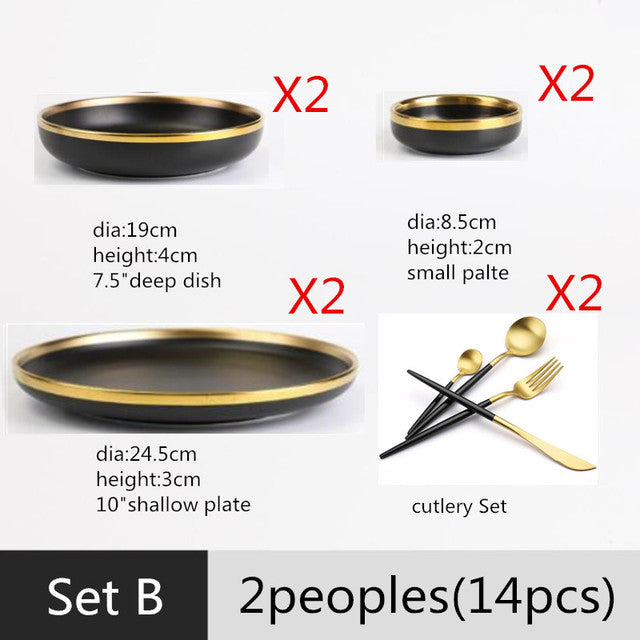 Gilt Rim Black Porcelain Dinner Plate Set - BeChef