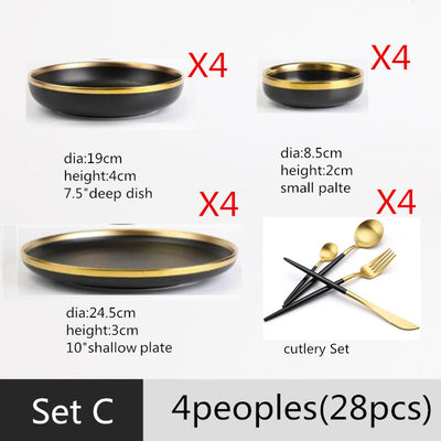 Gilt Rim Black Porcelain Dinner Plate Set - BeChef