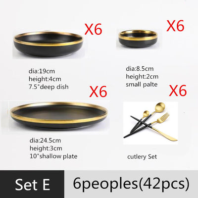 Gilt Rim Black Porcelain Dinner Plate Set - BeChef