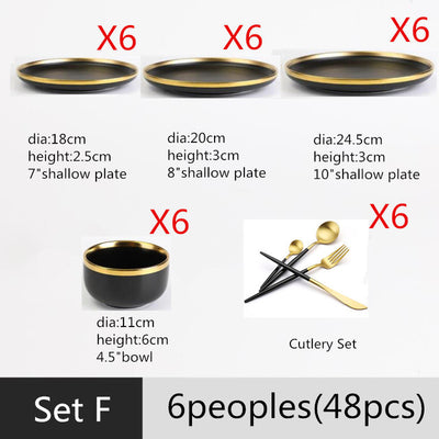 Gilt Rim Black Porcelain Dinner Plate Set - BeChef