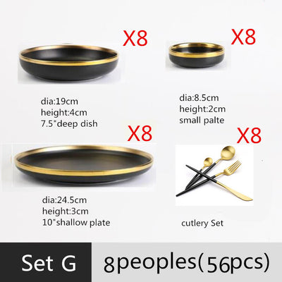 Gilt Rim Black Porcelain Dinner Plate Set - BeChef